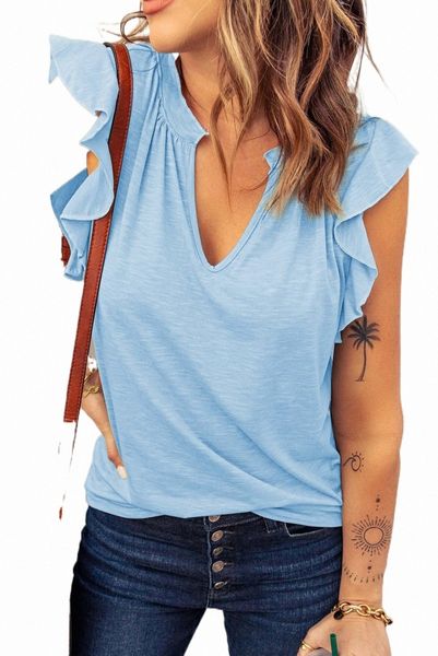 sky blue casual solid v neck butterfly sleeve tee d0kp#, White